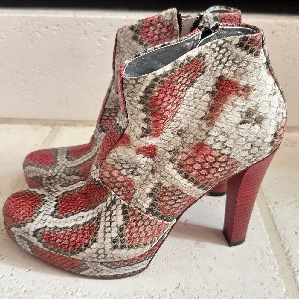 Women’s Red Snake-Print High Heel Ankle Booties